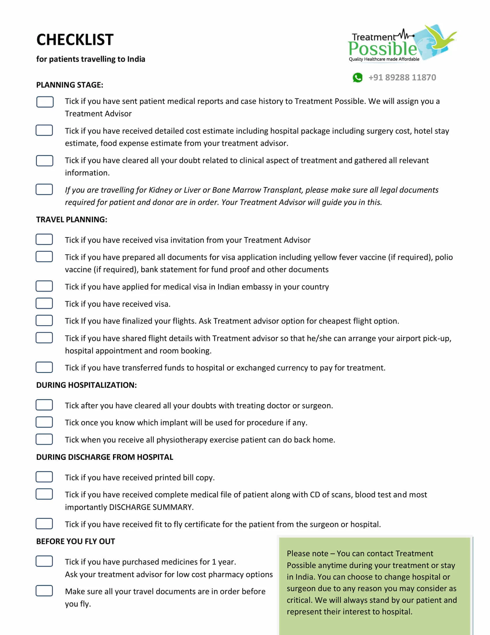 checklist to help people plan their treatment in India at an affordable cost.